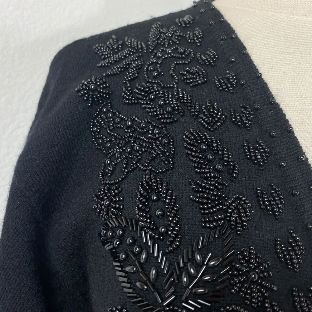 Vintage Karen Kane Black Merino Wool Beaded Cardigan Sweater Med Button Front